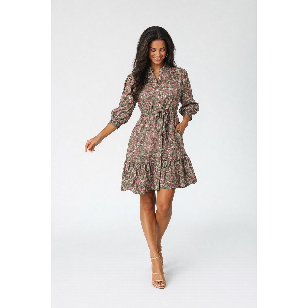 Mod's Mahal Pink Green Botanical‎ Cotton Shirt Dress XS Smocked Cuff Ruffle Hem
